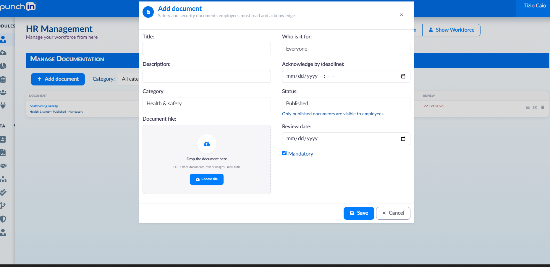 HR backend add safety and security document form