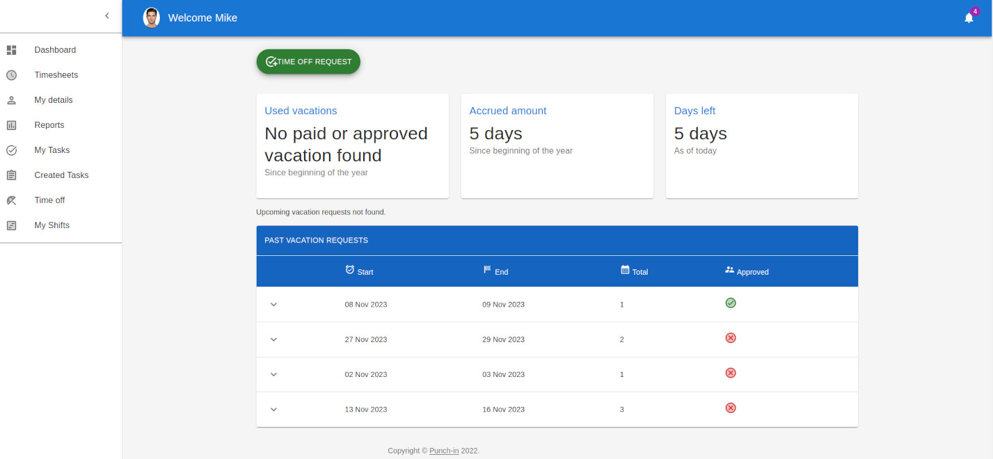Employee portal vacation request module