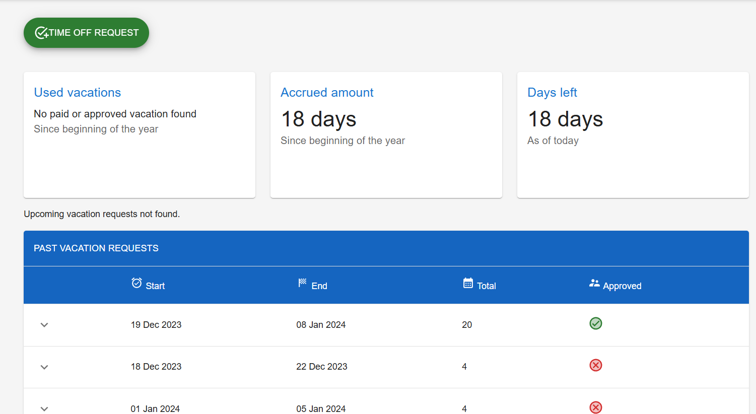 Image of the employee portal Time off feature