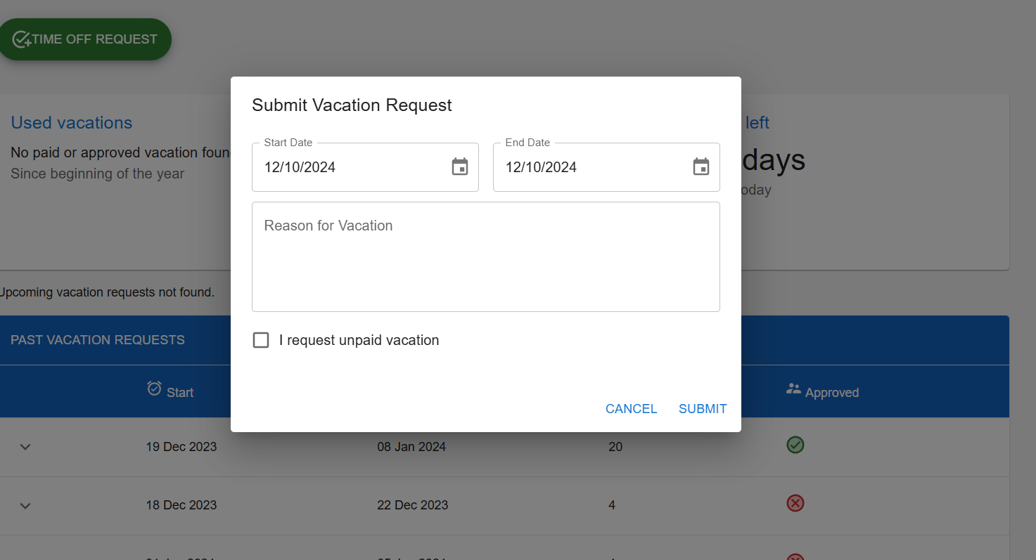 Image of the employee portal Time off request feature