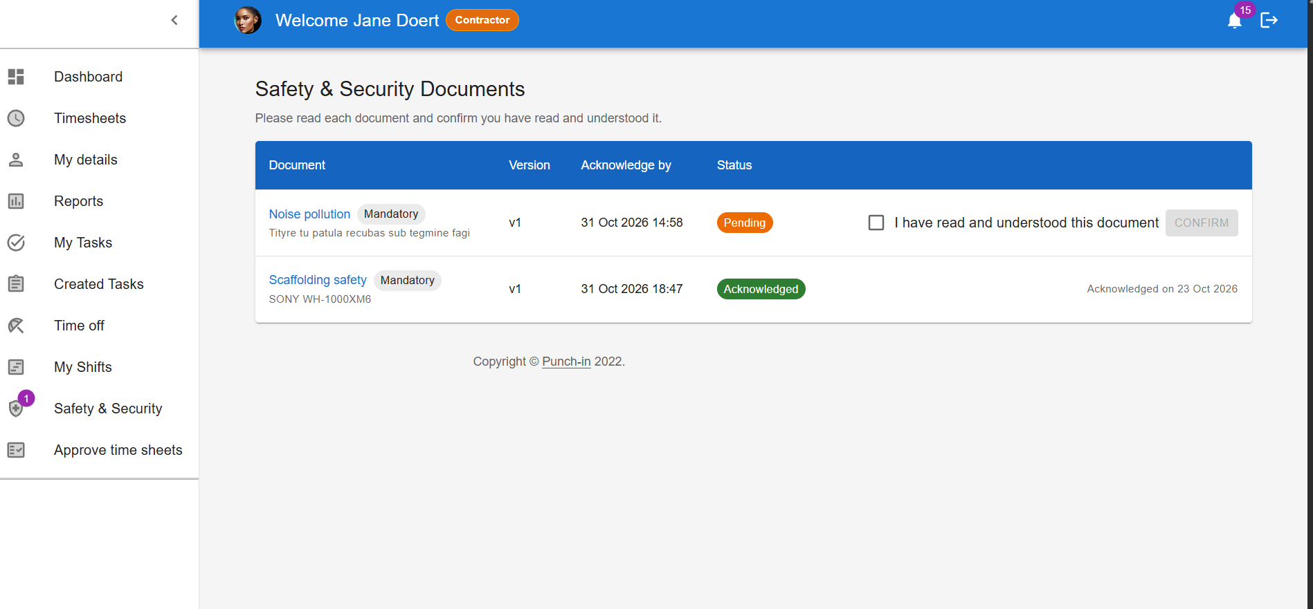 Employee portal safety and security documents awaiting acknowledgment